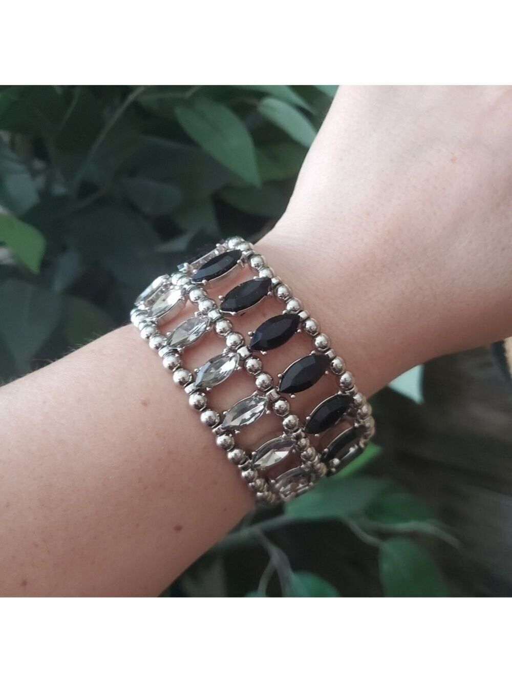 Heavy Stretch Black and Silver Gem Stone Bracelet Large